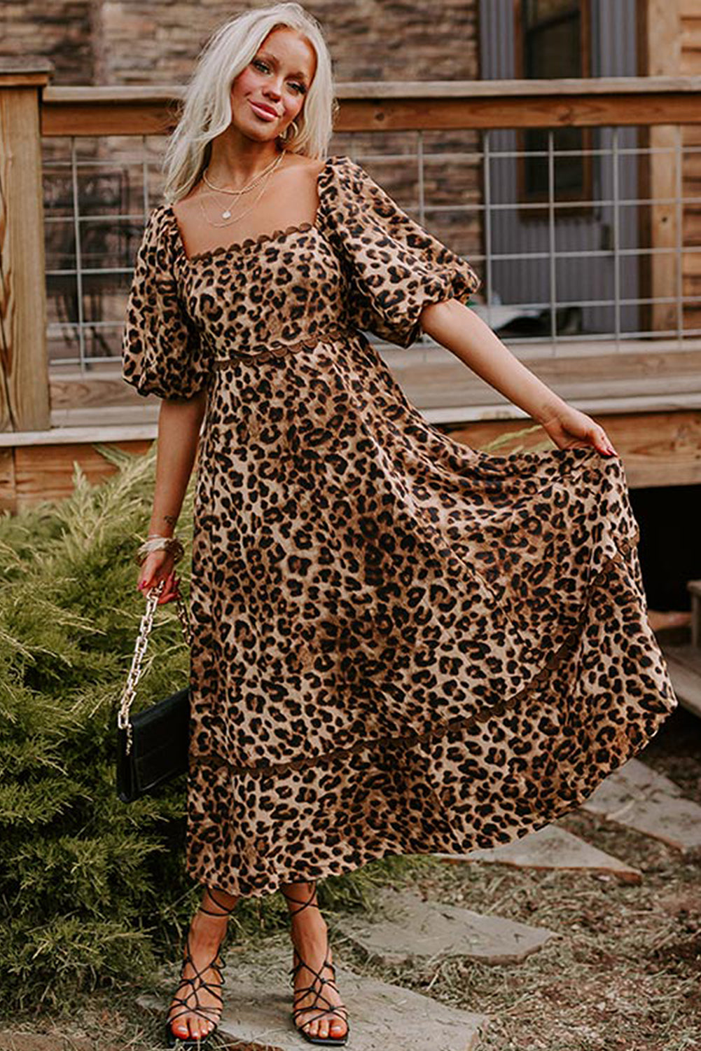 Brown Leopard Print Bubble Sleeve Square Neck Maxi Dress