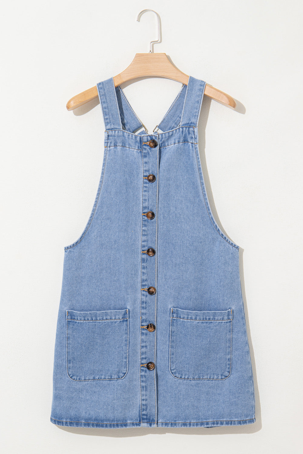 Beau Blue Wide Strap Button Front Pocketed Denim Mini Dress