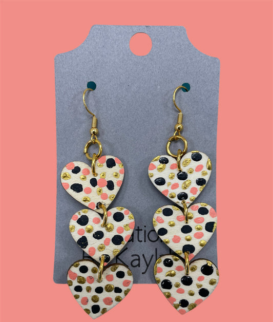 #251 3 heart pink, black and gold earrings