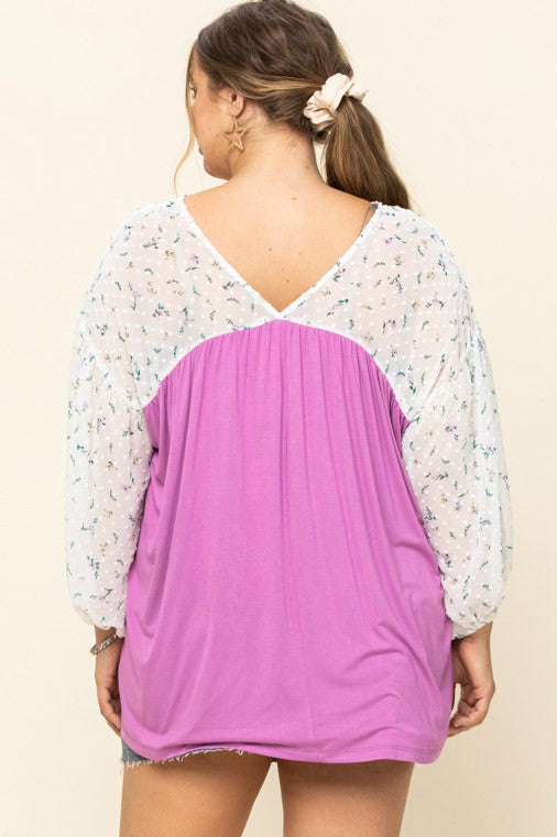 Solid Babydoll puffed sleeves Blouse Orchid