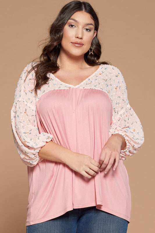 Solid Babydoll Puffed Sleeves Blouse Peach