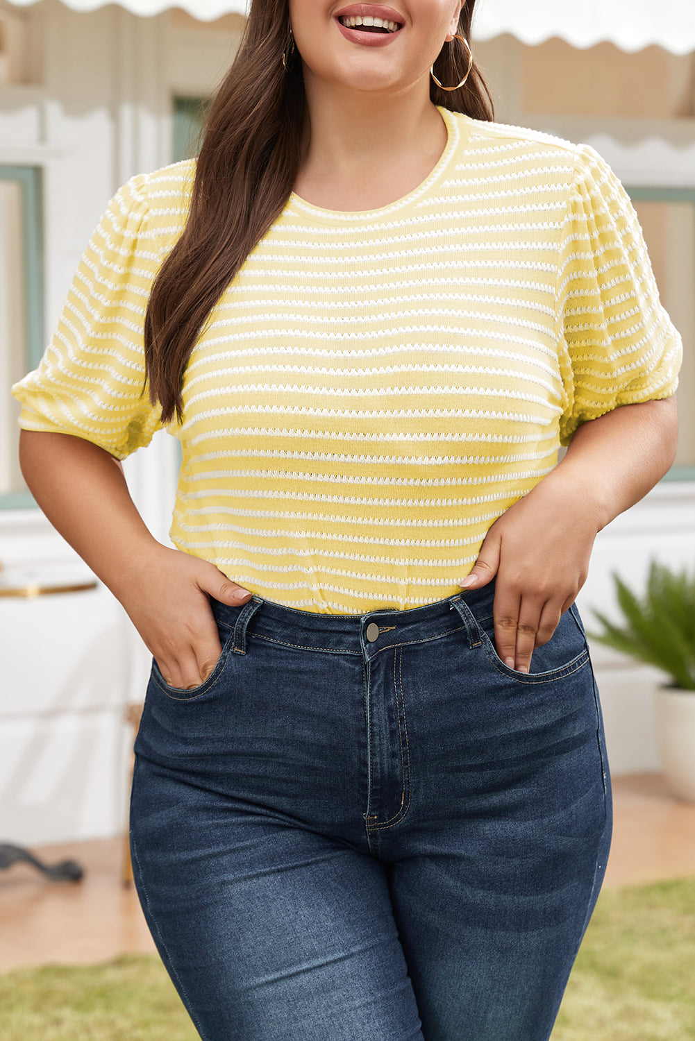 Yellow Stripe Short Puff Sleeve Plus Size Jumper