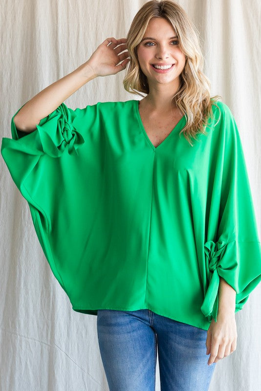 Solid 3/4 Tie-up Dolman Sleeves Top (Kelly Green)