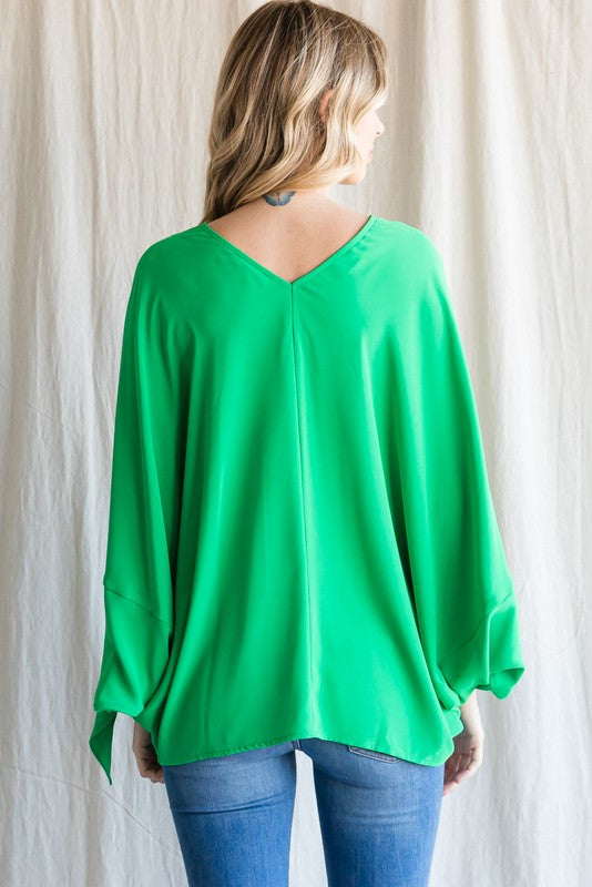 Solid 3/4 Tie-up Dolman Sleeves Top (Kelly Green)