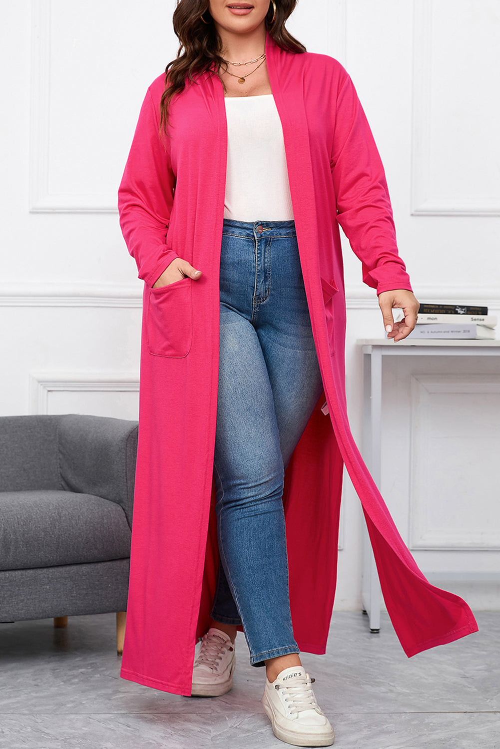 Strawberry Pink Plus Size Side Split Pockets Duster Cardigan The Hanger Boutique