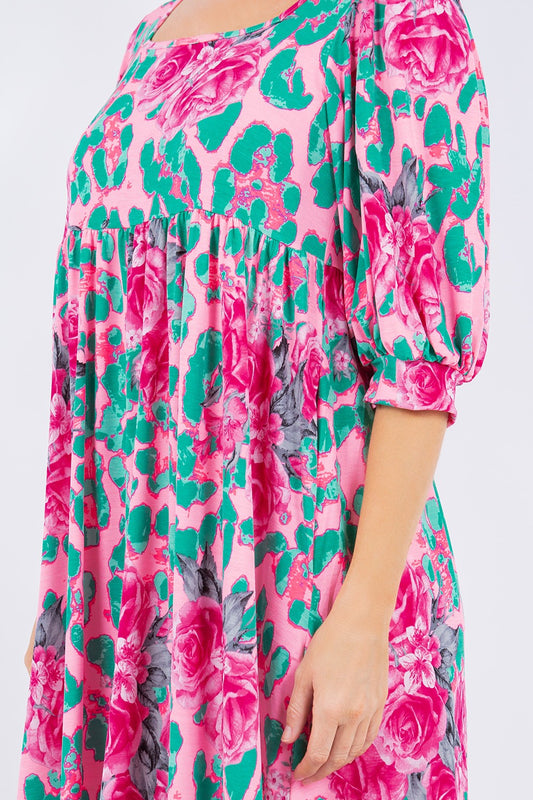 Floral Print Elbow Sleeve Dress With Pockets