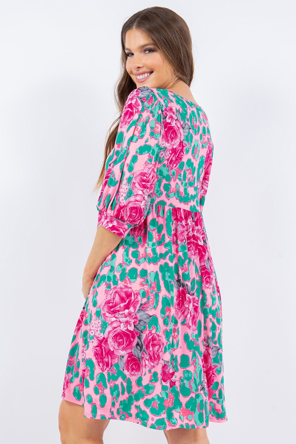 Floral Print Elbow Sleeve Dress With Pockets