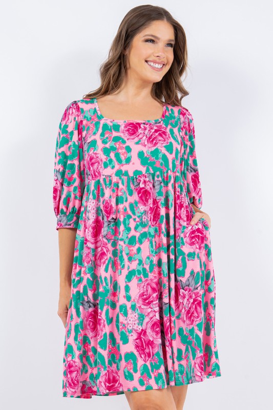 Floral Print Elbow Sleeve Dress With Pockets