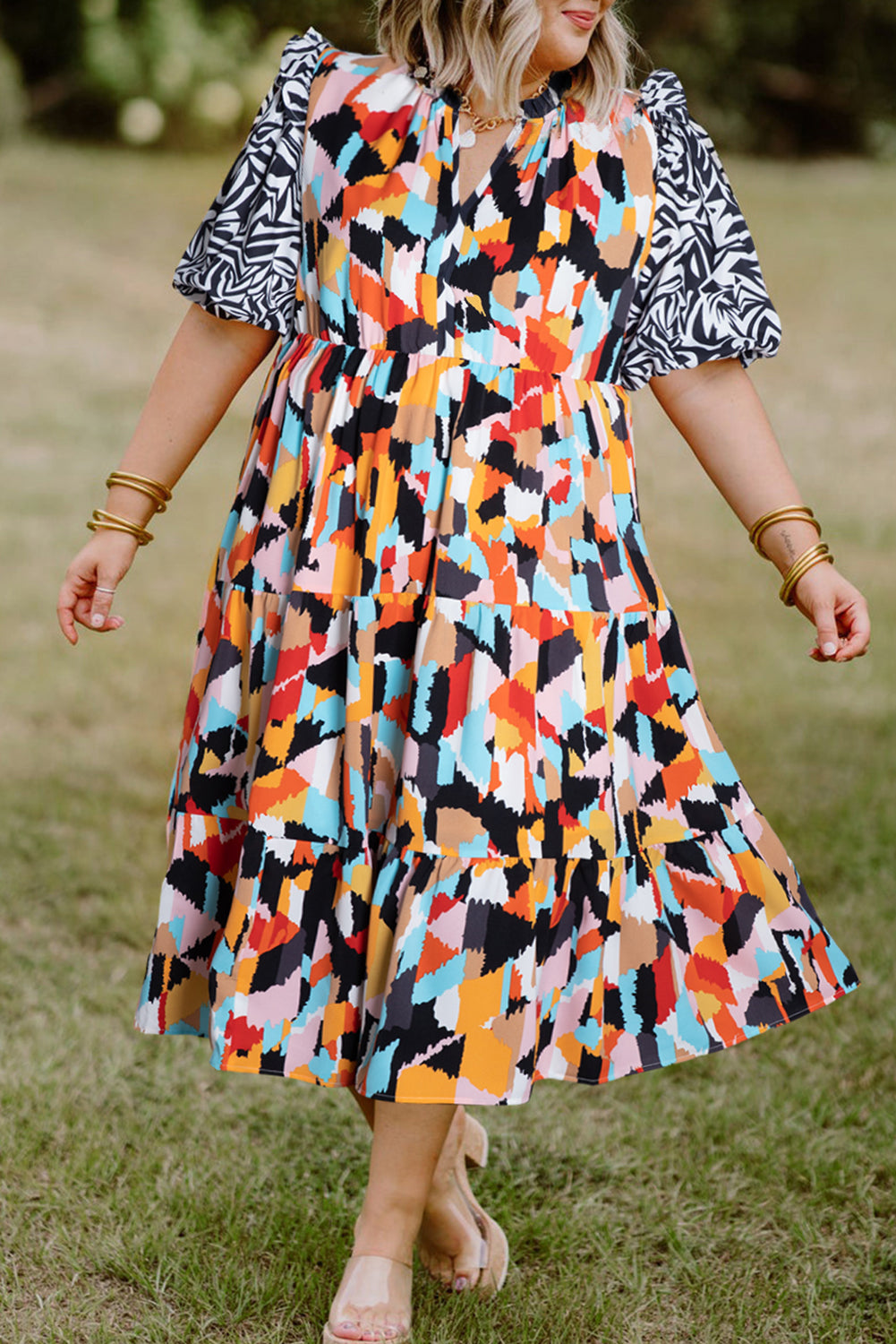 Pink Contrast Puff Sleeve Abstract Print Tiered Plus Size Dress