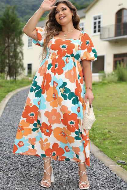 Orange Plus Size Flower Print Shirred Square Neck Maxi Dress