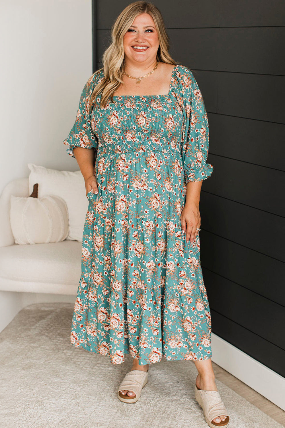 Green Plus Size Floral Print Square Neck Smocked Maxi Dress