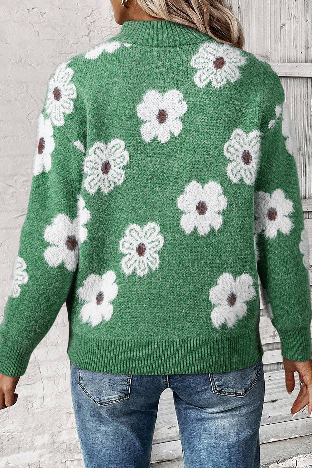 Green Floral Pattern Half Zip Drop Shoulder Sweater