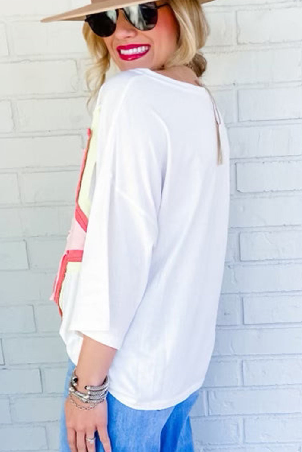 White Colorblock Star Patched Half Sleeve Oversized Tee