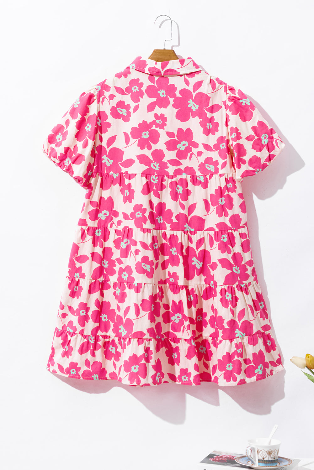 Pink Floral Tiered Puff Sleeve Mini Shirt Dress