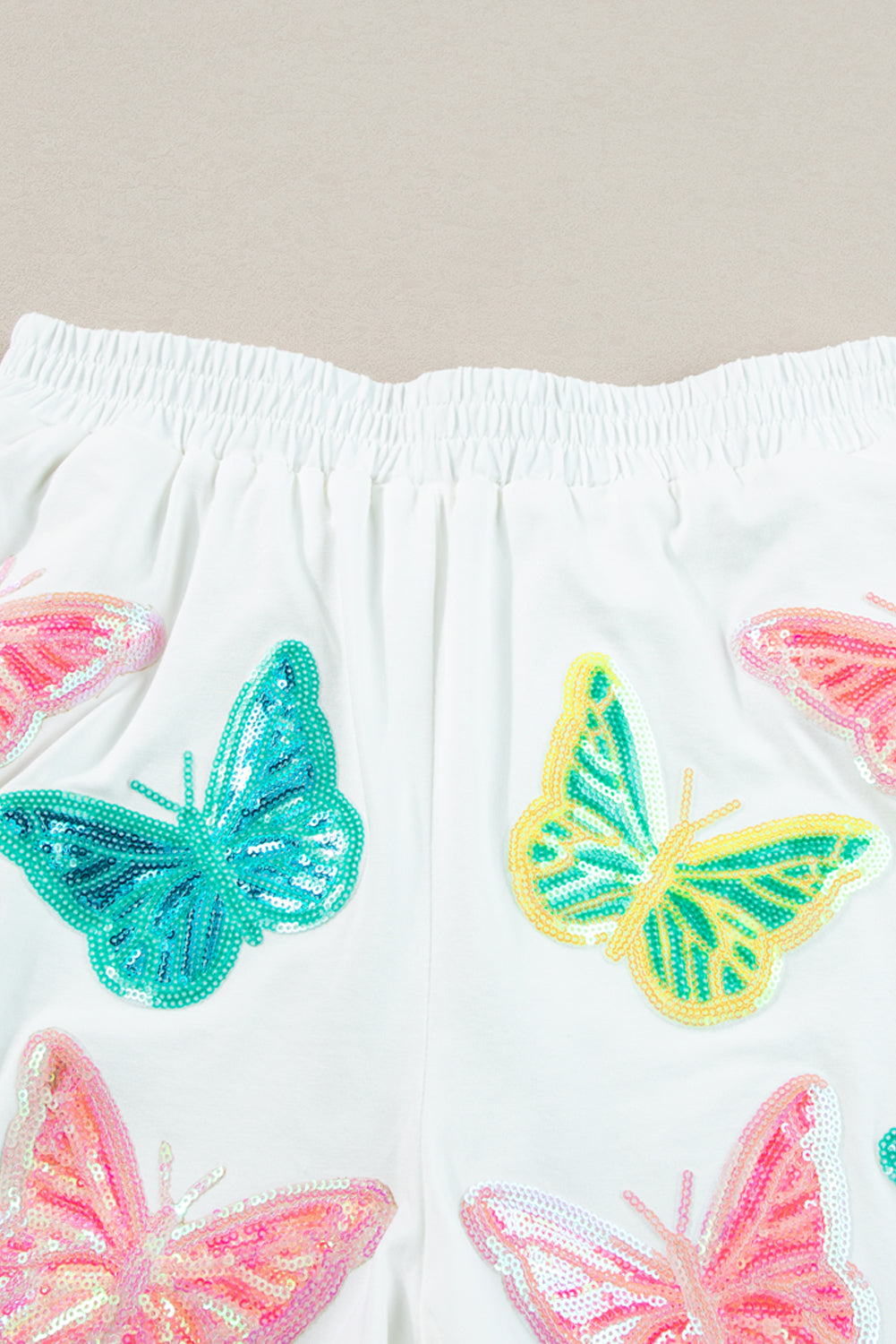 White Colorful Sequin Butterfly Puff Sleeve Top Shorts Set