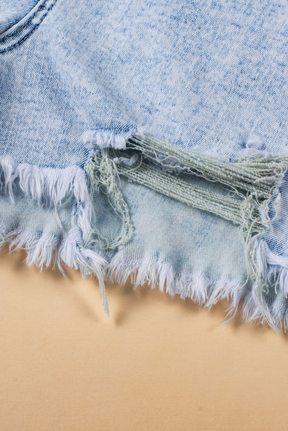 Light Blue Acid Wash Crossed Raw Edge Denim Shorts