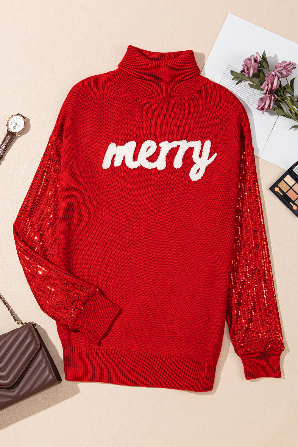 Racing Red Merry Graphic Sequin Sleeves Christmas Turtleneck Sweater