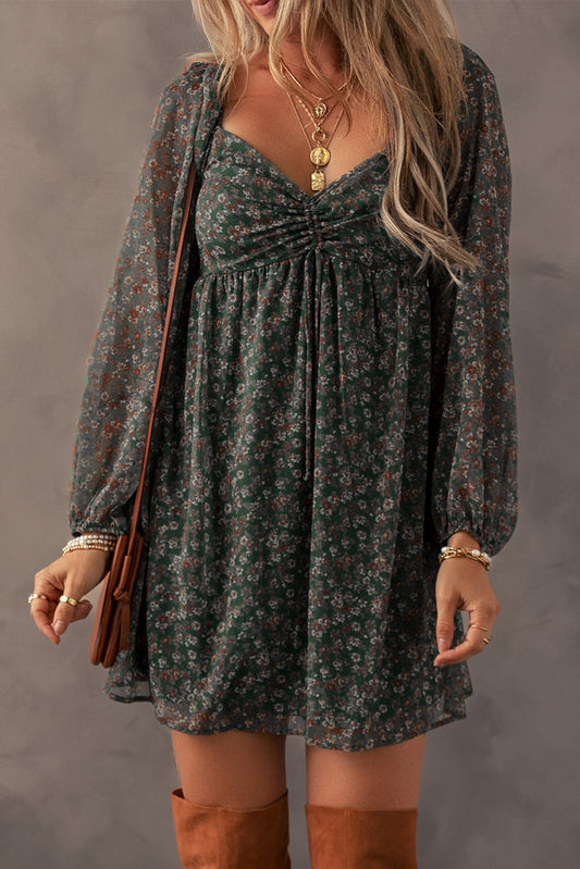 Green Floral Print Sweetheart Neck Shirred Back Mini Dress