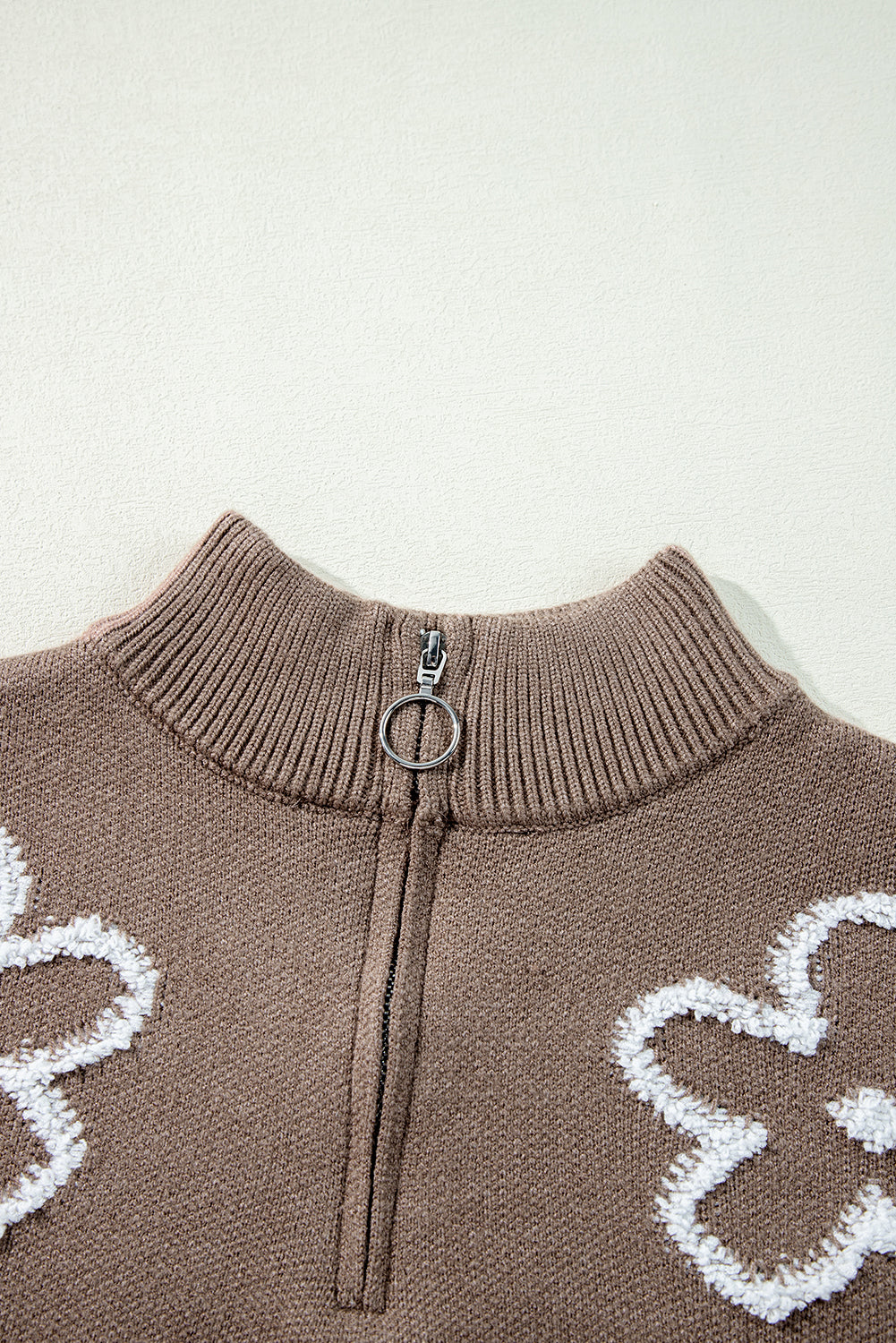 Parchment Contrast Flower Half Zipper Stand Neck Sweater