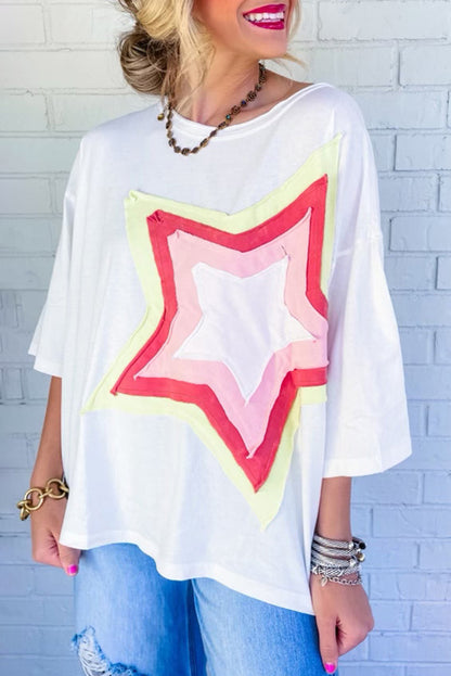 White Colorblock Star Patched Half Sleeve Oversized Tee