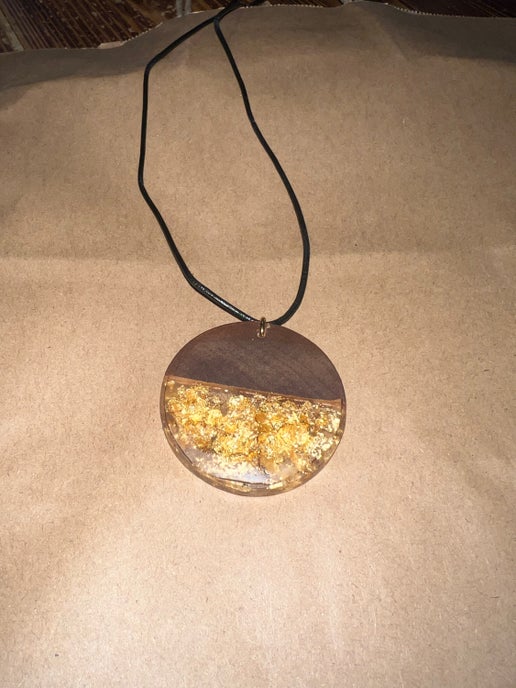 #60 Wood and Resin Gold Flakes Necklace