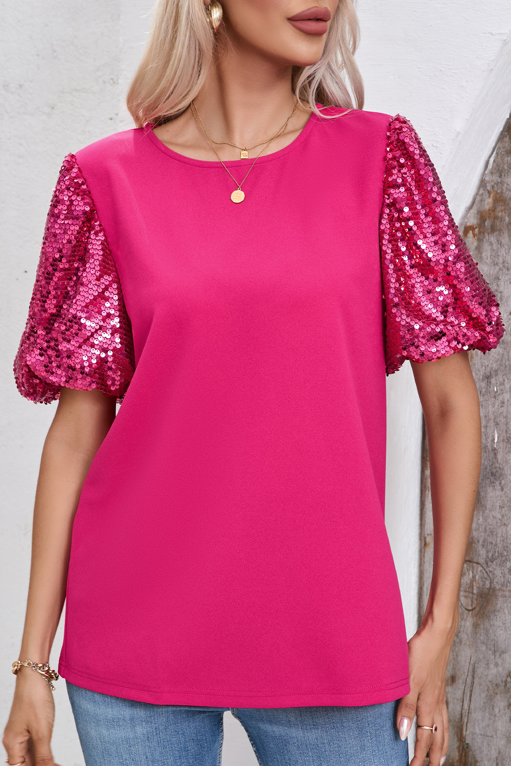 Rose Red Contrast Sequin Puff Sleeve T Shirt