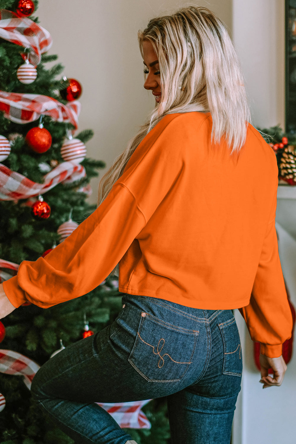 Orange Game Day Lettering Rugby Football Notched Neck Sweatshirt