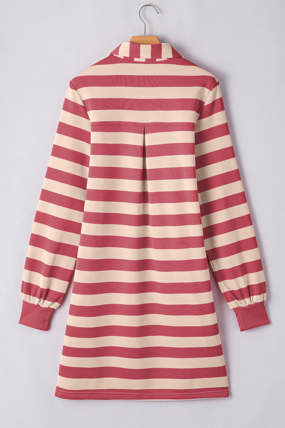 Pink Stripe Collared V Neck Long Sleeve Loose Casual Dress