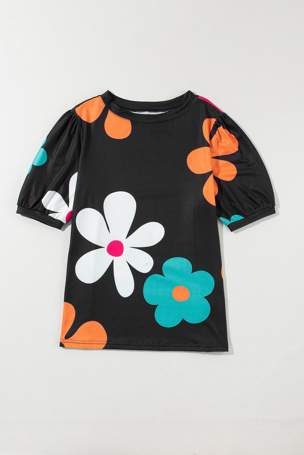 Black Flower/Bowknot Print Bubble Sleeve Tee