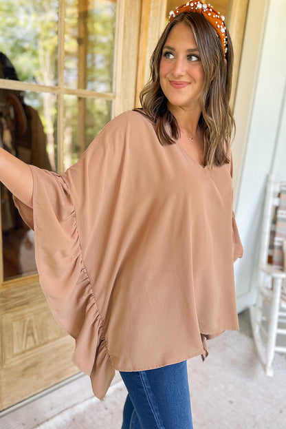 Smoke Gray Plus Size Ruffled Batwing Sleeve V Neck Blouse