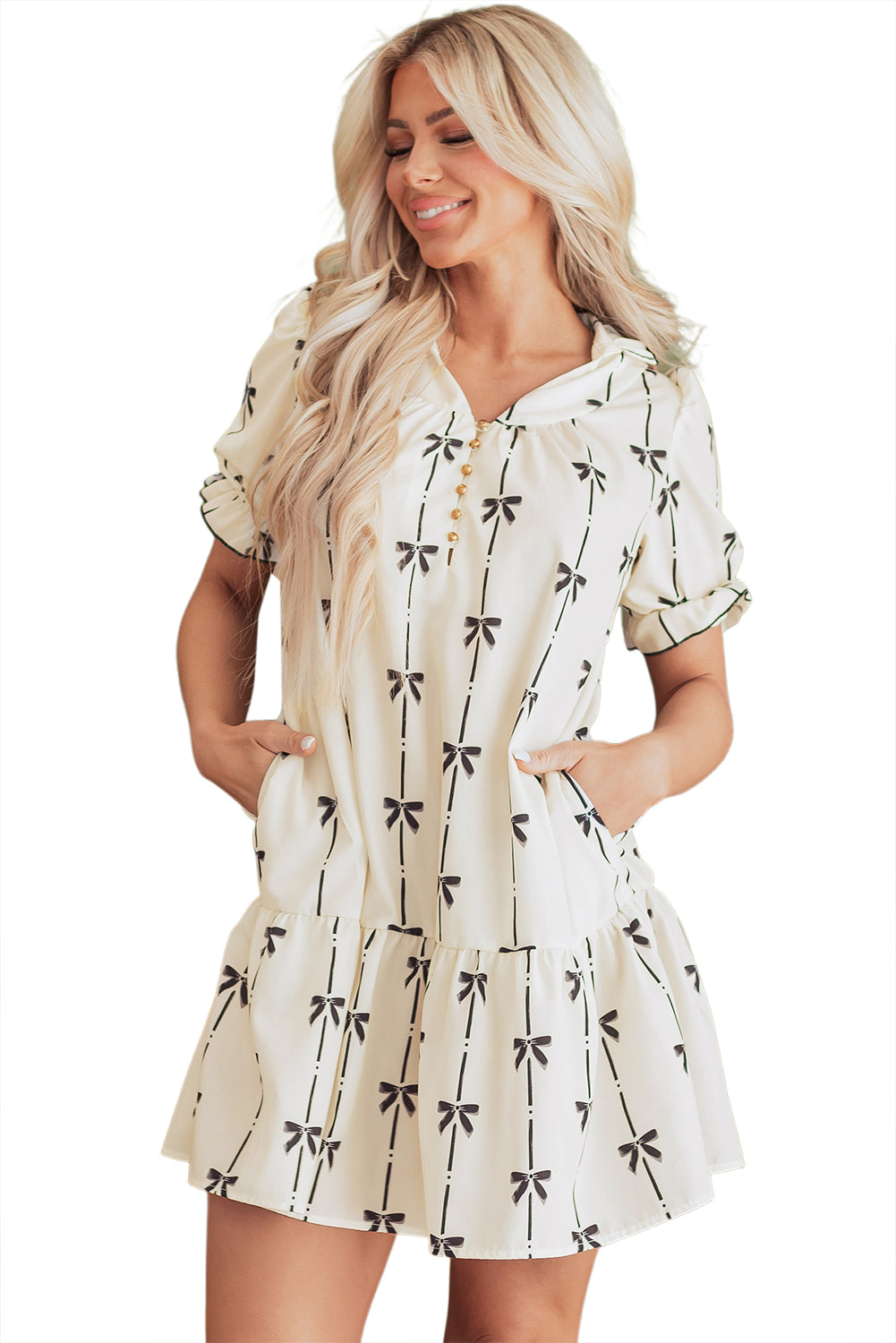 Beige Cute Bowknot Printed Bubble Sleeve V Neck Mini Dress