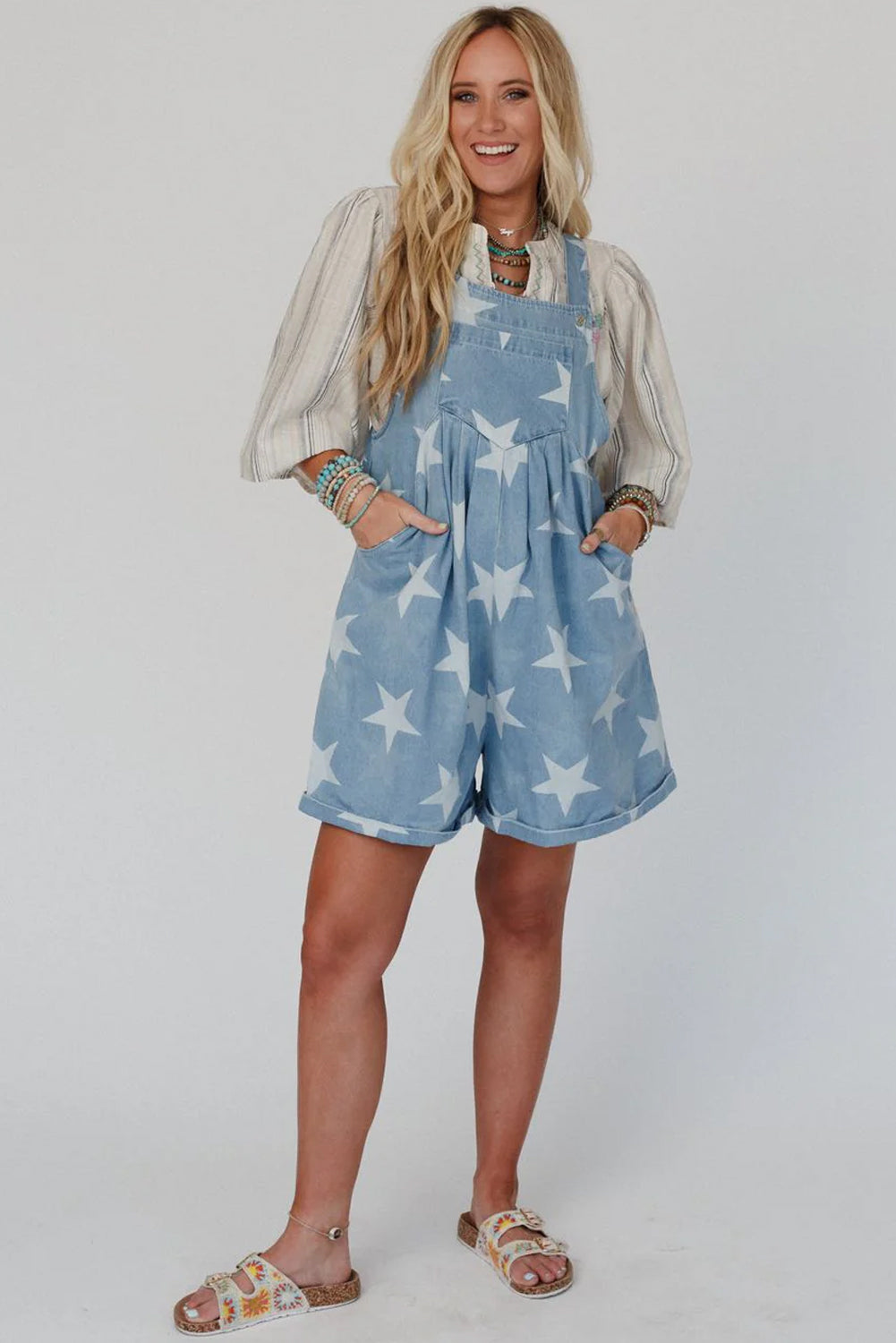 Light Blue Star Printed Buttoned Straps Pocketed Denim Romper