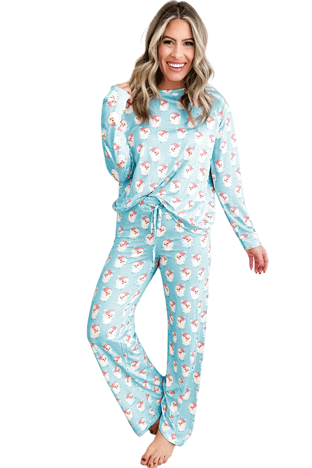 Sky Blue Santa Claus Striped Print Loose Fit Two Piece Lounge Set