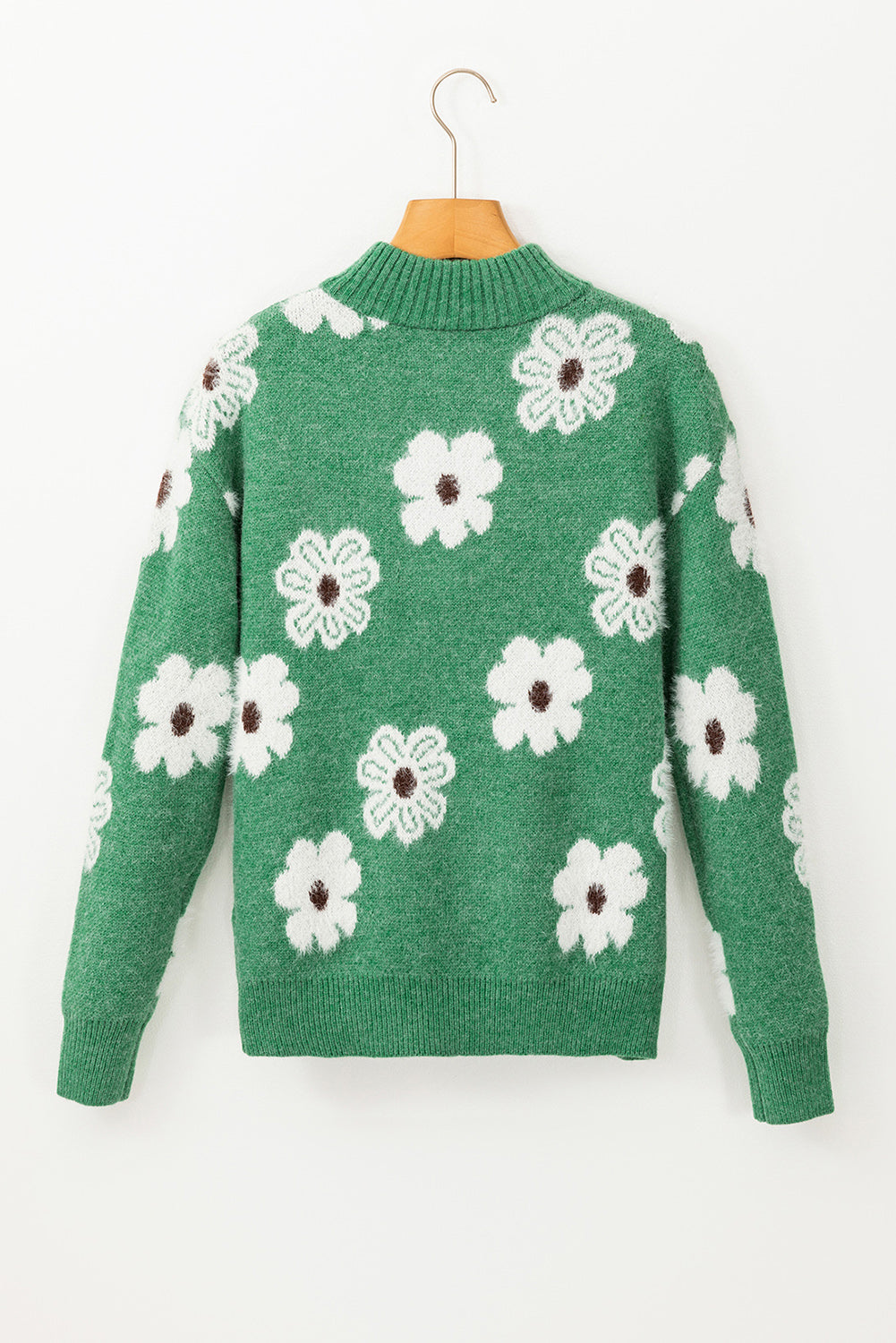 Green Floral Pattern Half Zip Drop Shoulder Sweater