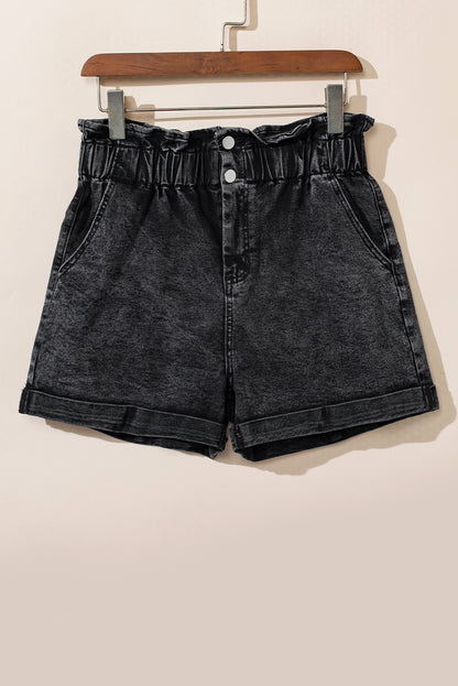 Black Vintage Washed Frilled High Waist Denim Shorts