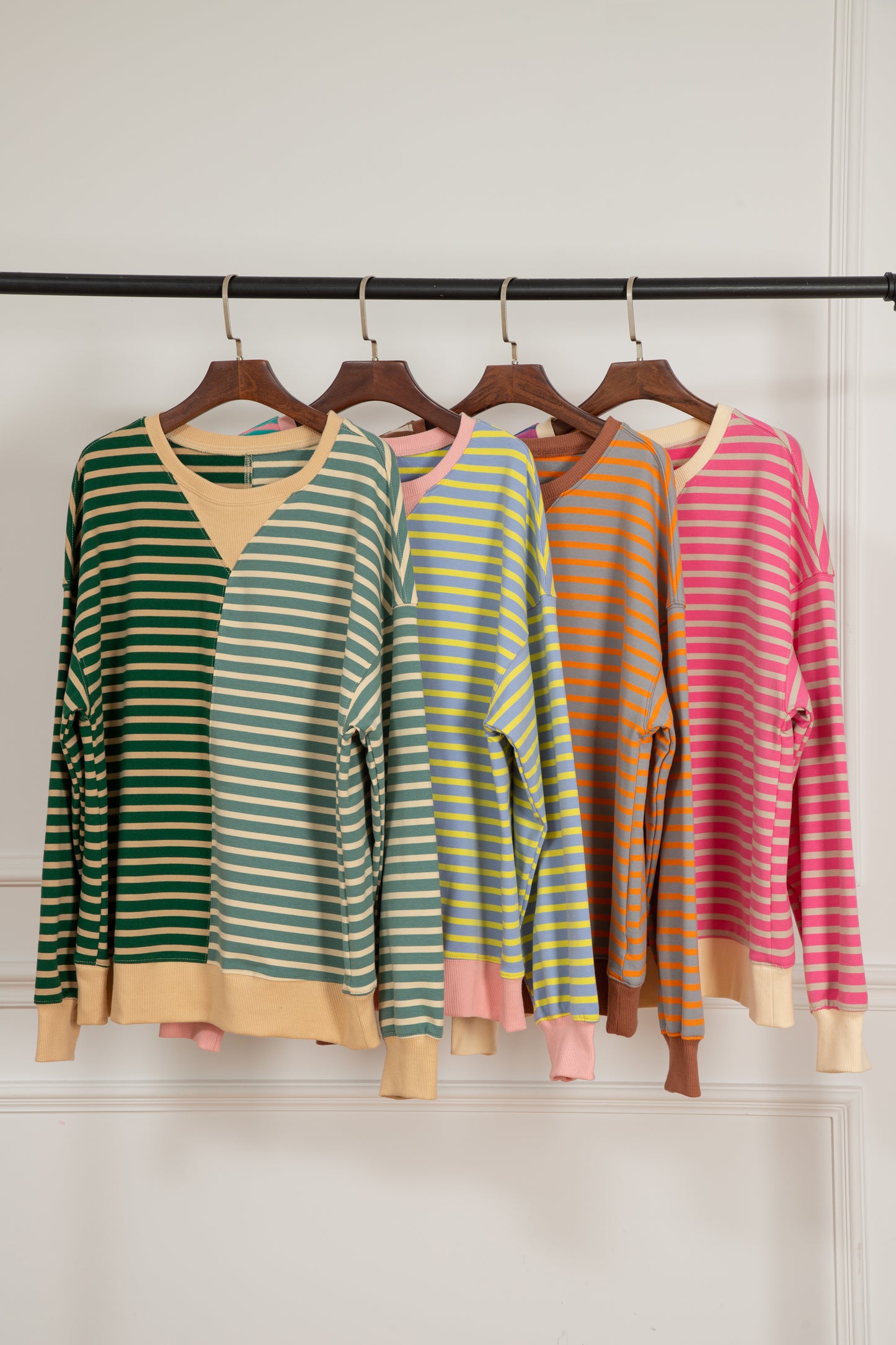 Green Stripe Casual Stripe Colorblock Drop Shoulder Oversize Sweatshirt