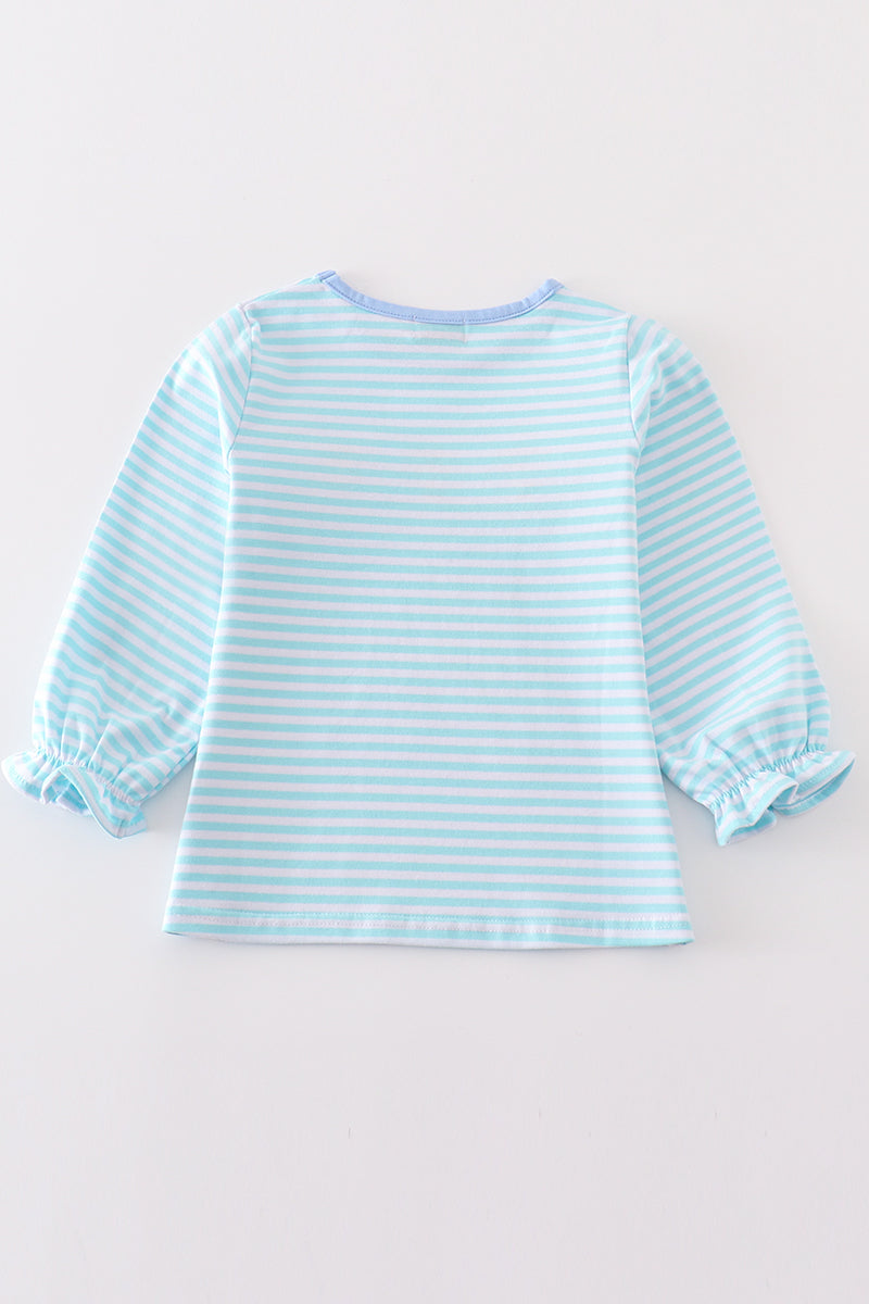 Premium Green stripe turkey embroidery girl top