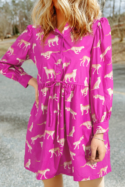 Rose Cheetah Print Drawstring Tunic Shirt Dress