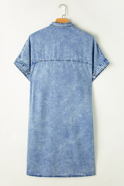 Light Blue Loose Medium Wash Short Sleeve Shirt Chambray Dress