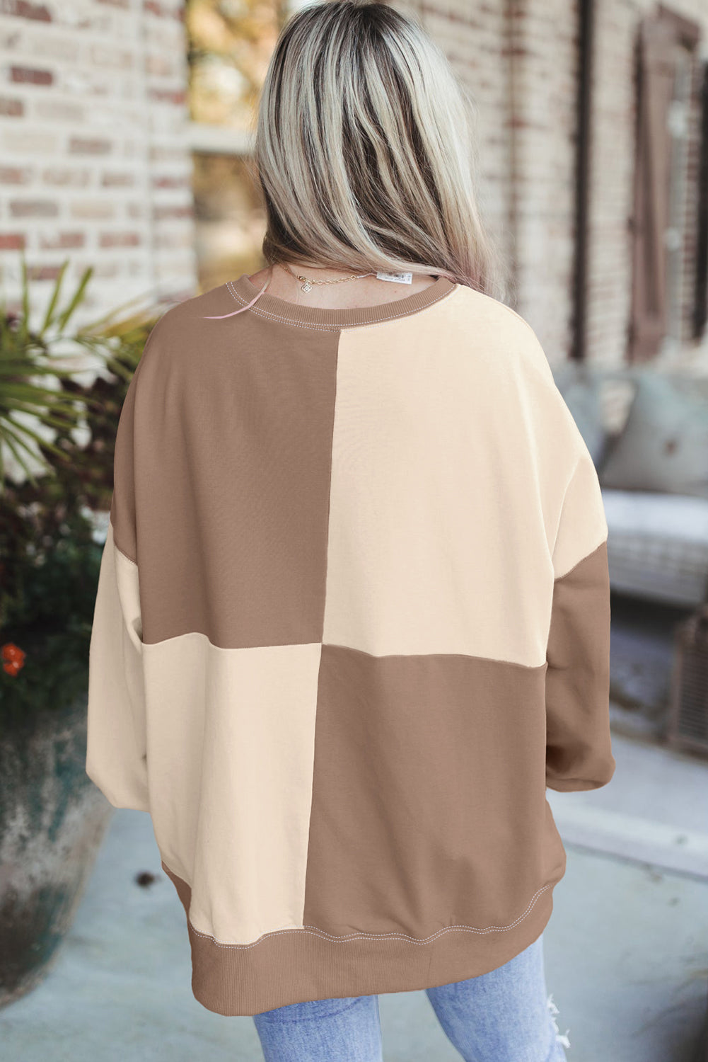 Parchment Colorblock Henley High Low Oversize Sweatshirt