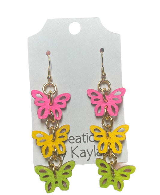 #321 Pink, Yellow, and Green 3 Butterfly Earrings