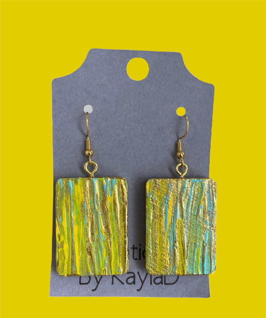 #235 Green,yellow, and gold painted square earrings