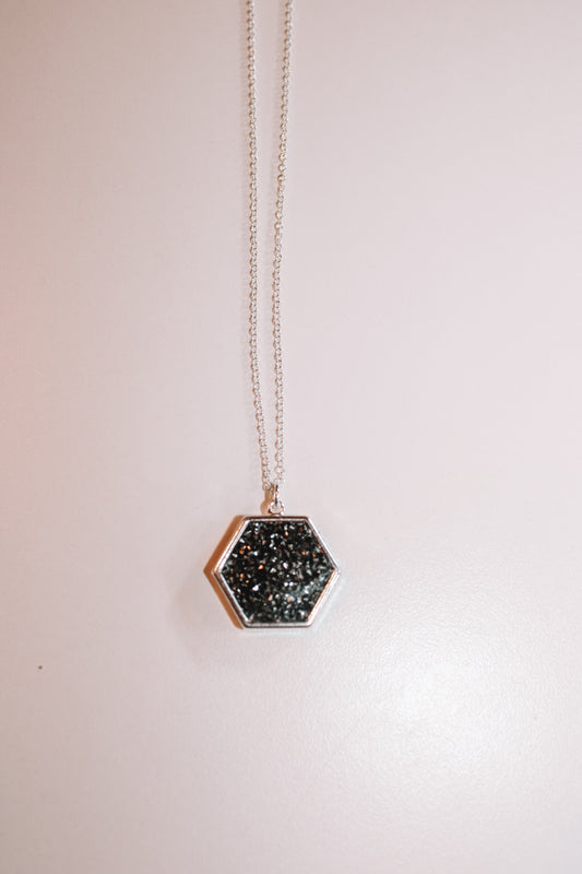 #116 hexagon necklace with dark gray sparkle