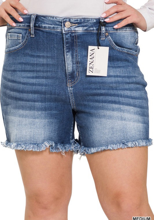 Medium Washed Plus Mid Rise Raw Frayed Hem Denim Shorts