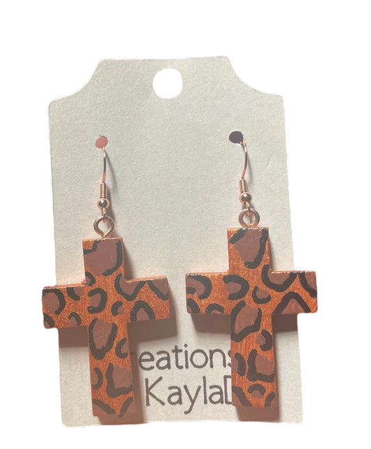 #313 Cheetah Print Cross Earrings