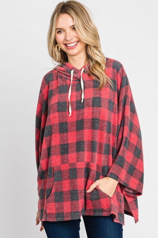 Plaid print hooded poncho pullover