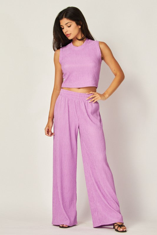 Crinkle textured cropped 2pc loungewear set (Lilac)