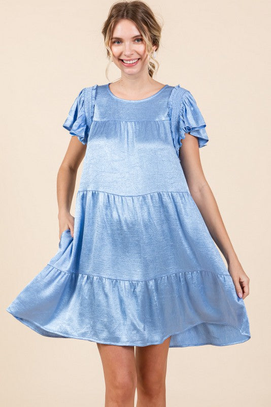 Blue Glossy tired Dress with pockets