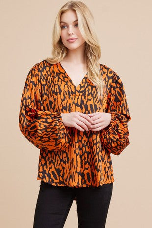 Satin print v neck top