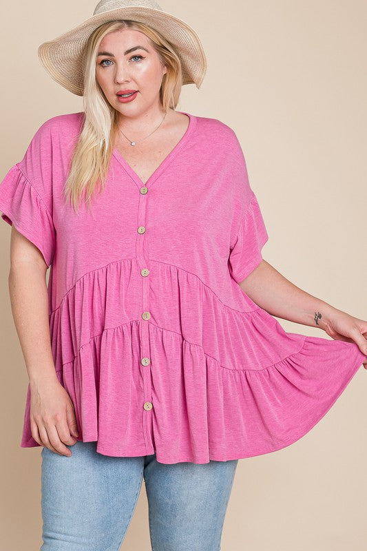 Hot pink tiered Babydoll button Top